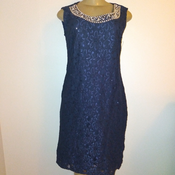 R&M Collection. New navy blue laced lined dress with tiny sparkles. Size: 8 - Picture 2 of 10